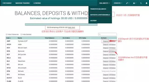 点击网站右上角的BALANCES下的子链接“DEPOSITS & WITHDRAWS”即可来到充提币的页面